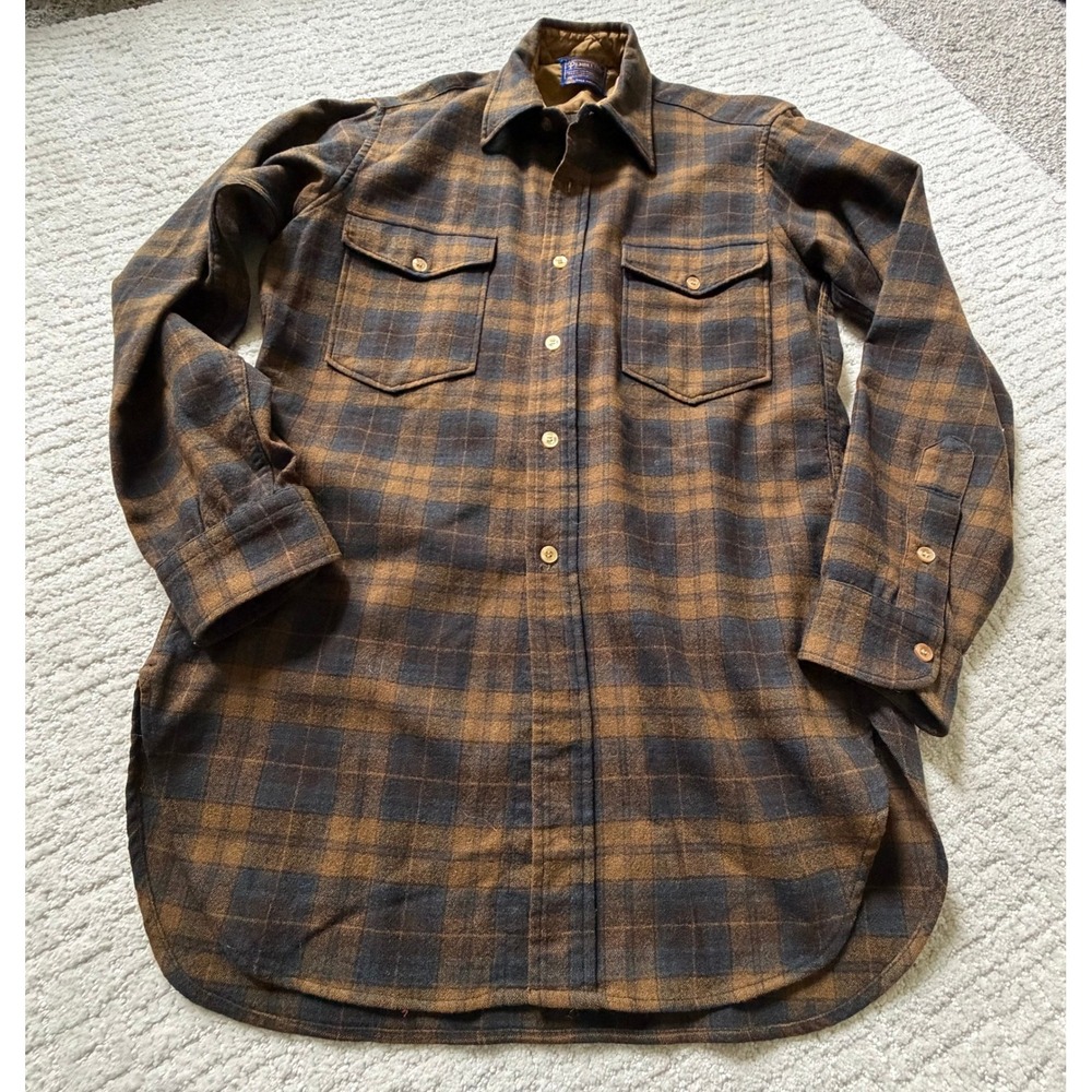 Pendleton Board Shirt Mens 15 Brown Blue Plaid Pure Virgin Wool Vintage Flannel